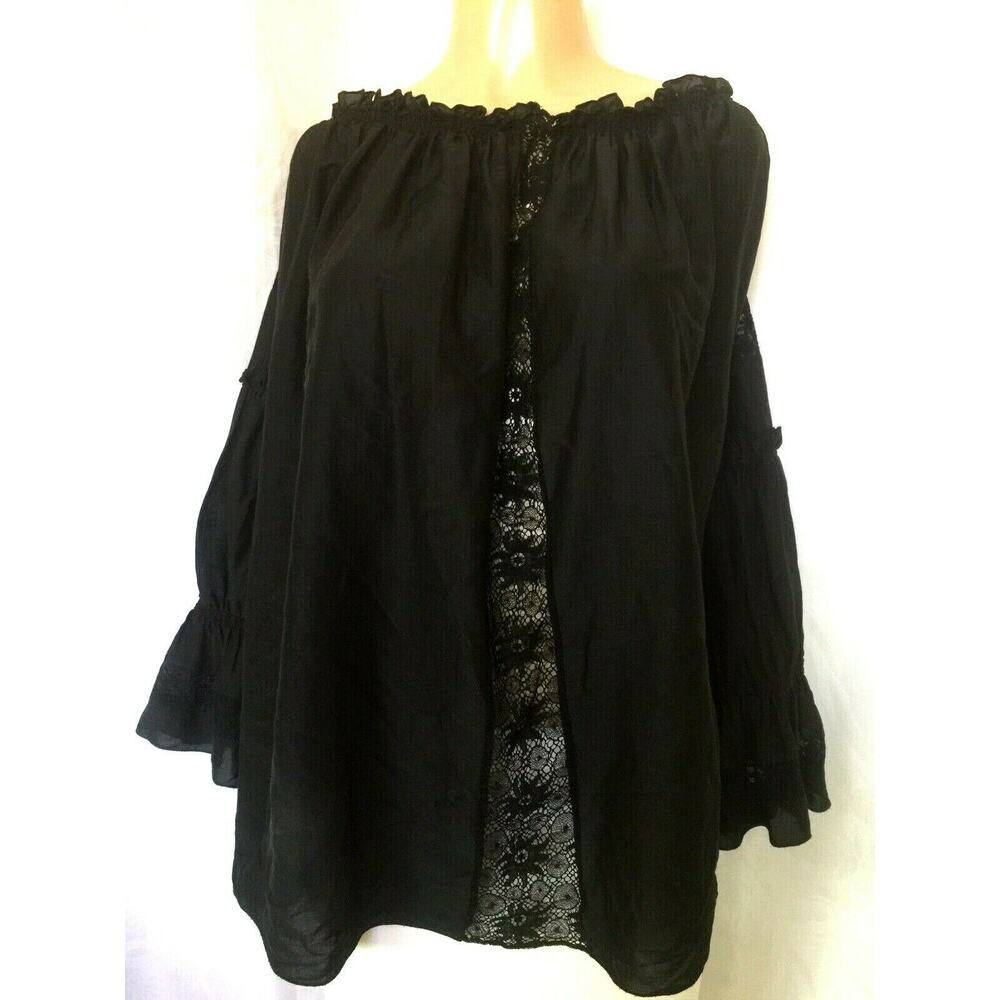 Barbara Bui Top Blouse Ruched Lace Long Sleeve Black Off Shoulder Oversized 40